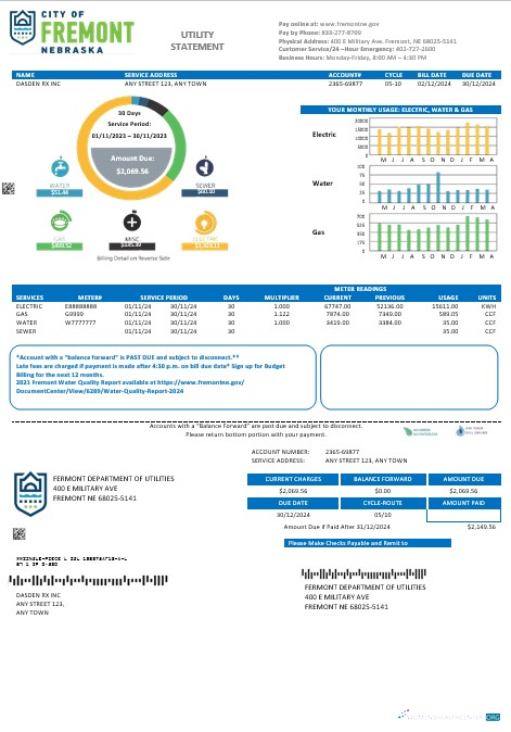 Download USA City of Fremont Nebraska business utility bill Word and PDF template Photoshop template